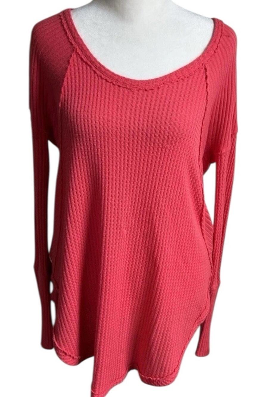 Free People Waffle Knit Thermal Top Women’s S Coral Oversized Tunic Boho Slouchy